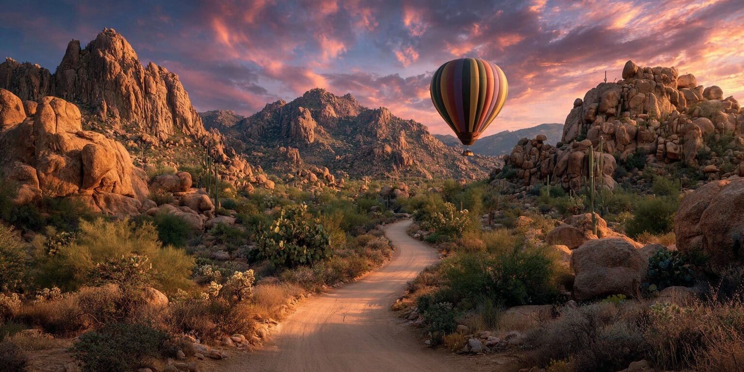ten-must-do-adventures-hot-air-baloons A colorful hot air balloon floats above a winding desert trail at sunrise, surrounded by towering rocky mountains, saguaro cacti, and lush Sonoran Desert vegetation.