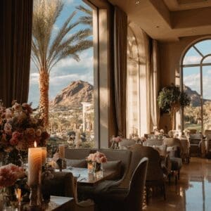 Elegant afternoon tea lounge at The Phoenician in Scottsdale with Camelback Mountain view through tall windows, luxury floral décor, and candlelit tables.