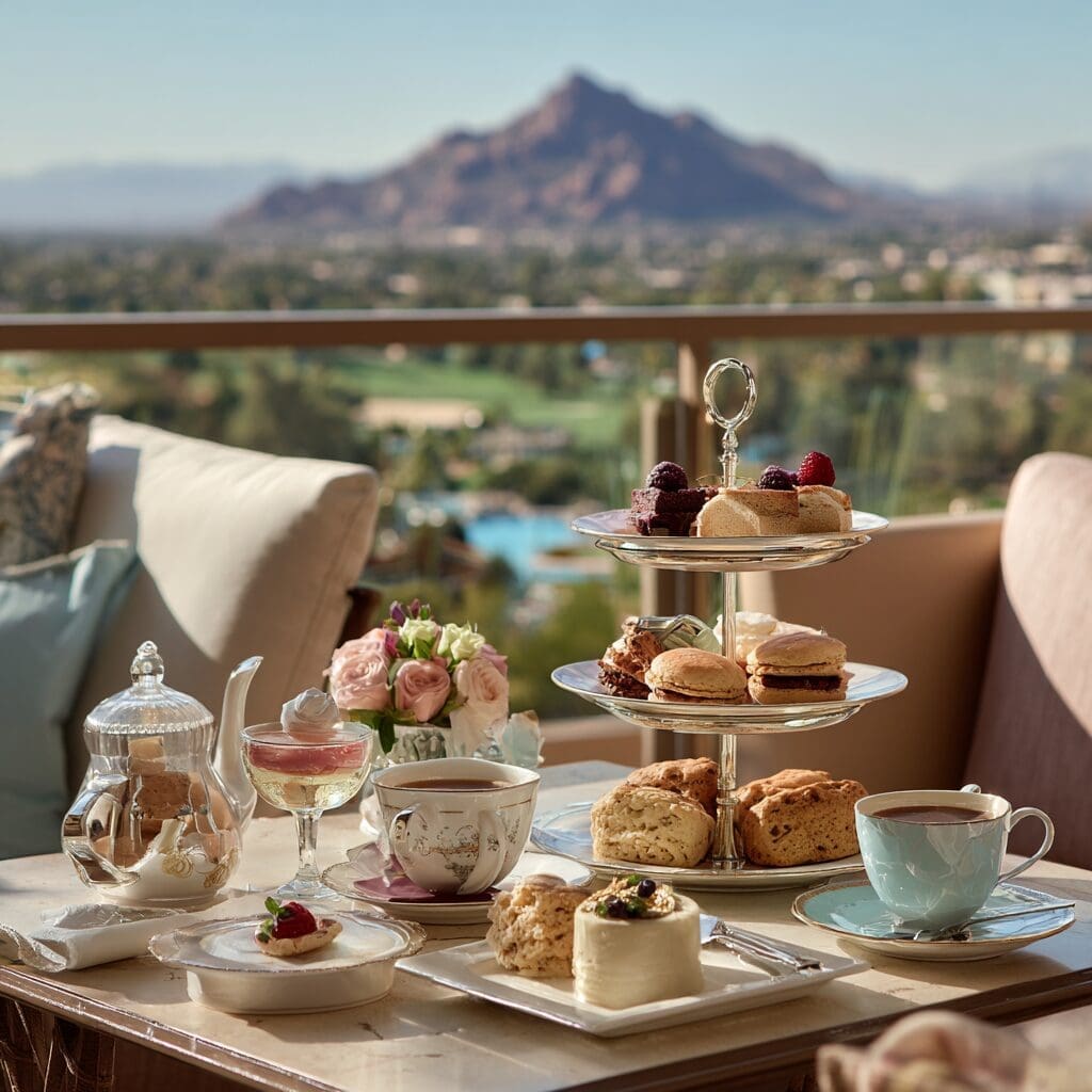 Terrace Afternoon Tea at The Phoenician Scottsdale Outdoor terrace tea service at The Phoenician with fine china, pastries, and Camelback Mountain views in Scottsdale, Arizona.