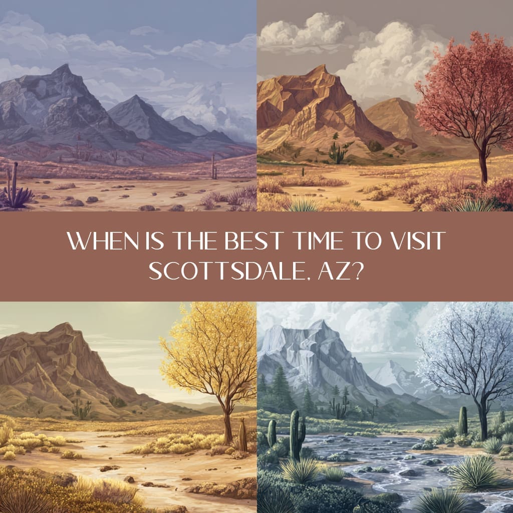 Four seasons of Scottsdale Arizona desert landscapes showing the best time to visit Scottsdale AZ throughout the year