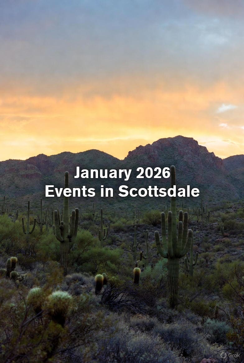Scottsdale Arizona January 2026 events – dramatic Sonoran Desert sunset with saguaro cacti and bold white text overlay reading “January 2026 Events in Scottsdale”