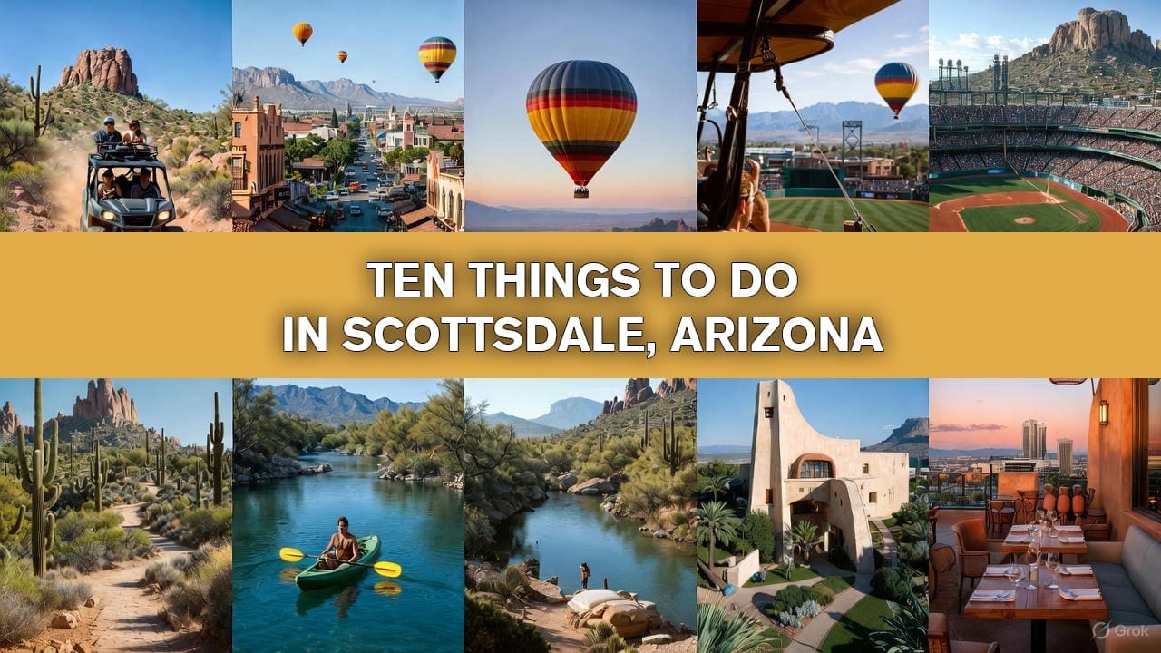 Top 10 things to do in Scottsdale Arizona 2026 – featured collage with UTV desert tours, hot air balloon rides, Old Town Scottsdale, Cactus League baseball, Salt River kayaking, hiking trails, luxury spas, and rooftop sunset dining