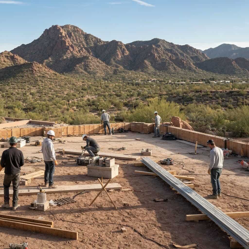 Construction workers on a building site at Camelback Mountain Resort, with mountains and desert landscape in the background, highlighting renovations for enhanced event spaces.