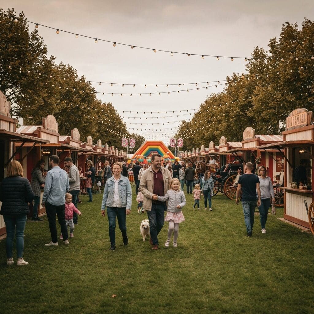 Family-friendly atmosphere at the Scottsdale Arabian Horse Show, featuring people walking among vendor stalls and a colorful bounce house, with festive string lights overhead.