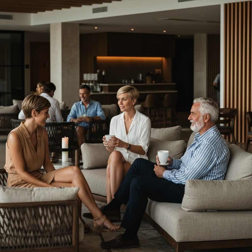 Group of adults engaging in conversation in a stylish lounge setting at a luxury resort, emphasizing relaxation and social interaction, reflecting the resort's focus on wellness and upscale experiences.