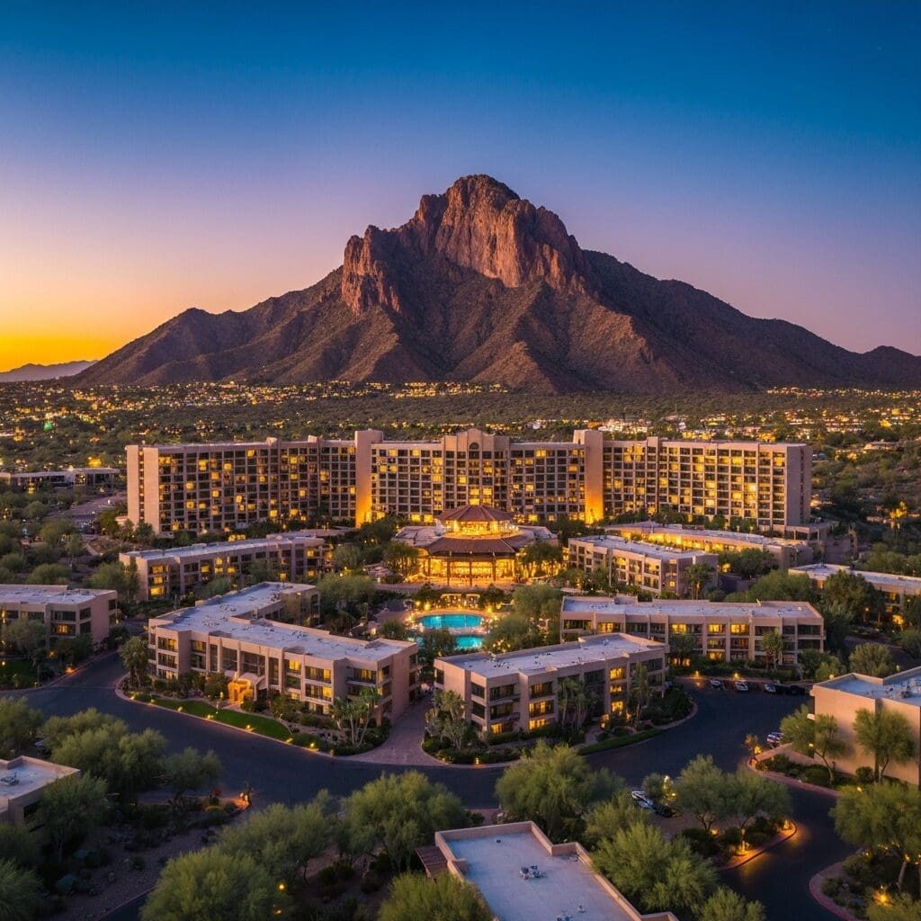 Sanctuary Camelback Mountain Resort & Spa illuminated at dusk, with Camelback Mountain in the background, showcasing luxury accommodations and serene desert landscape.