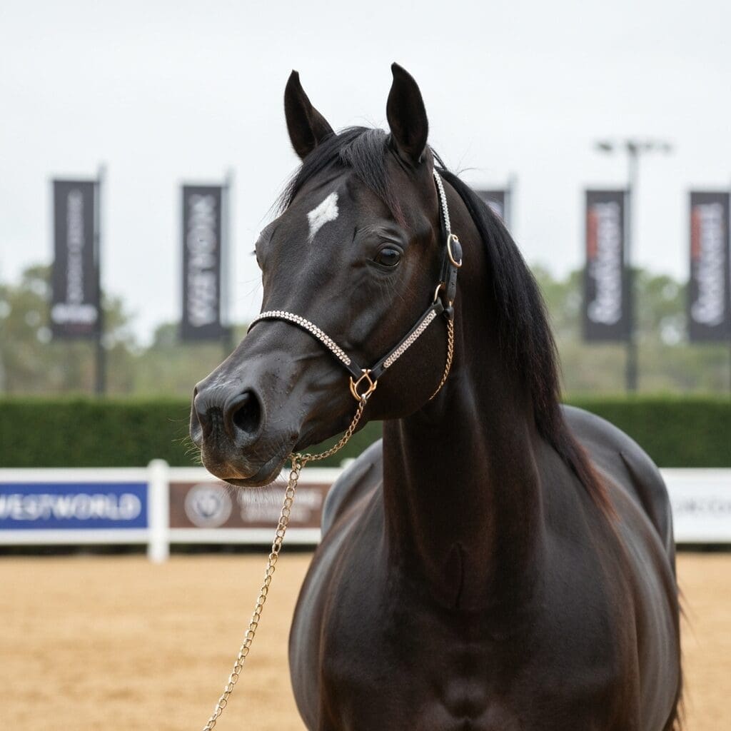 Black Arabian horse with a jeweled halter, standing at WestWorld venue, showcasing elegance for the Scottsdale Arabian Horse Show.