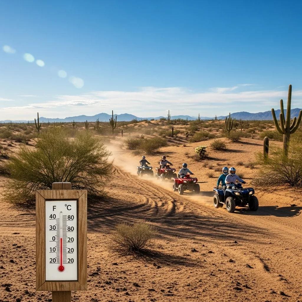 Group enjoying an ATV tour in Arizona desert under clear skies, representing ideal weather conditions