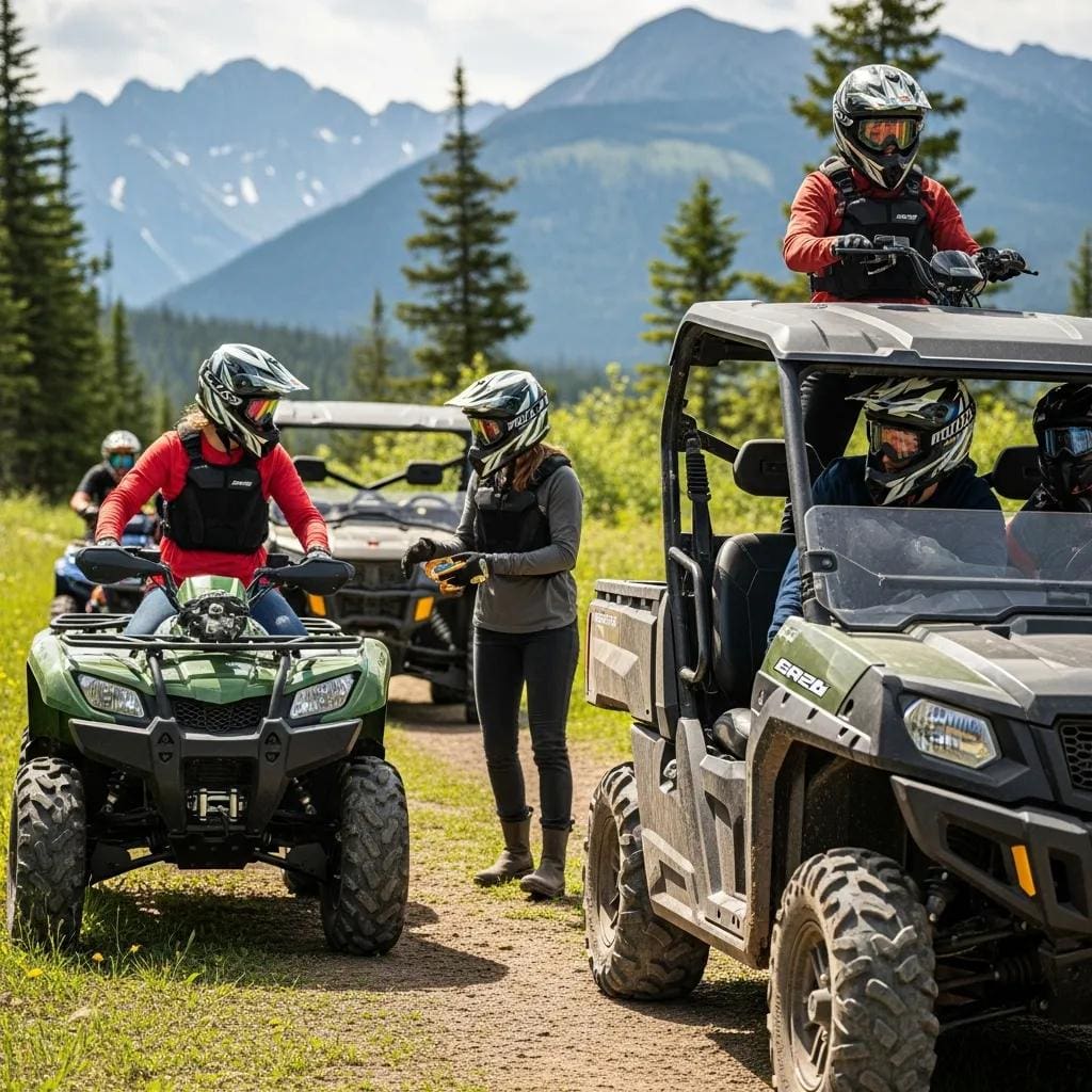Group preparing for an ATV and UTV adventure in a scenic outdoor setting