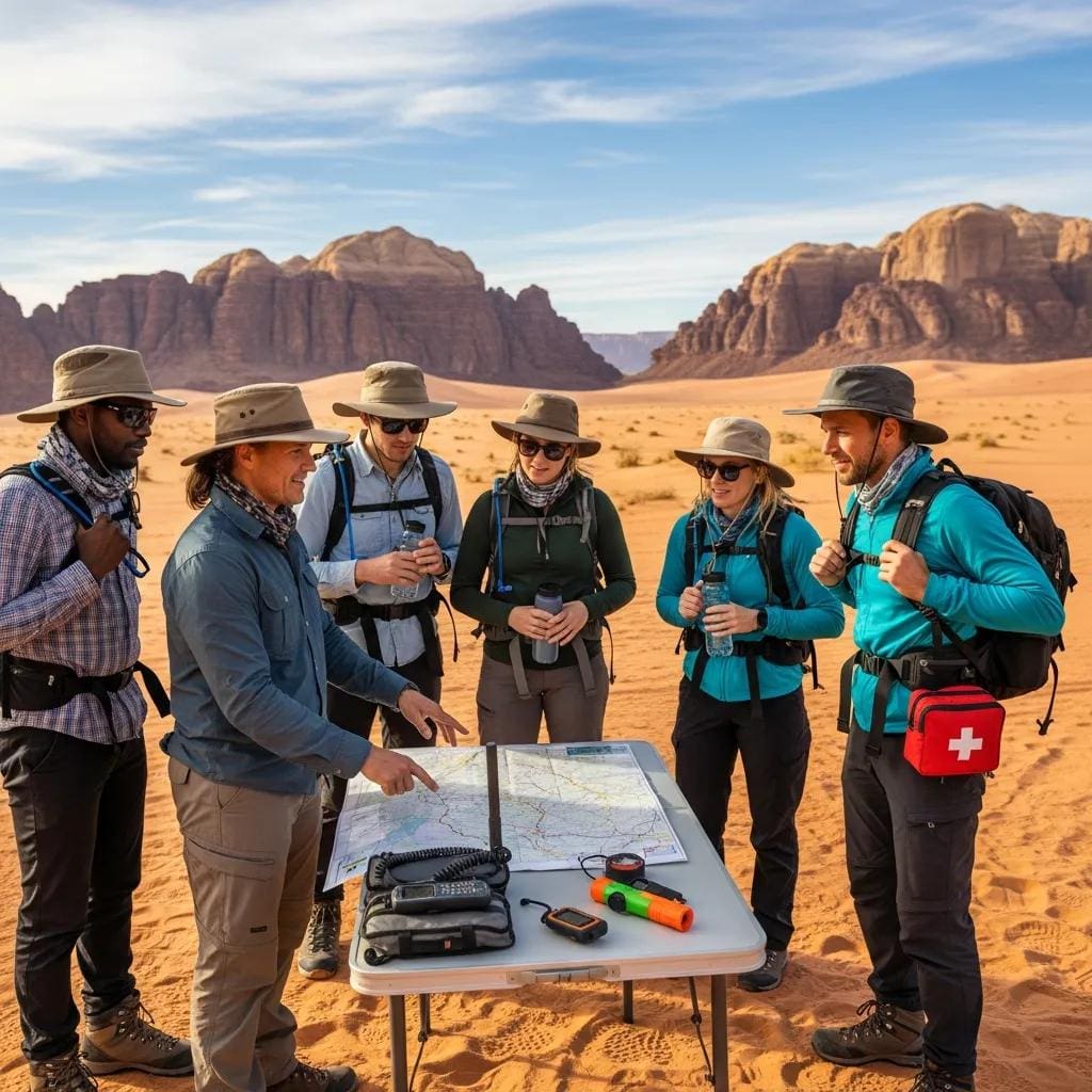 Guide briefing a group on safety measures for desert tours in Arizona