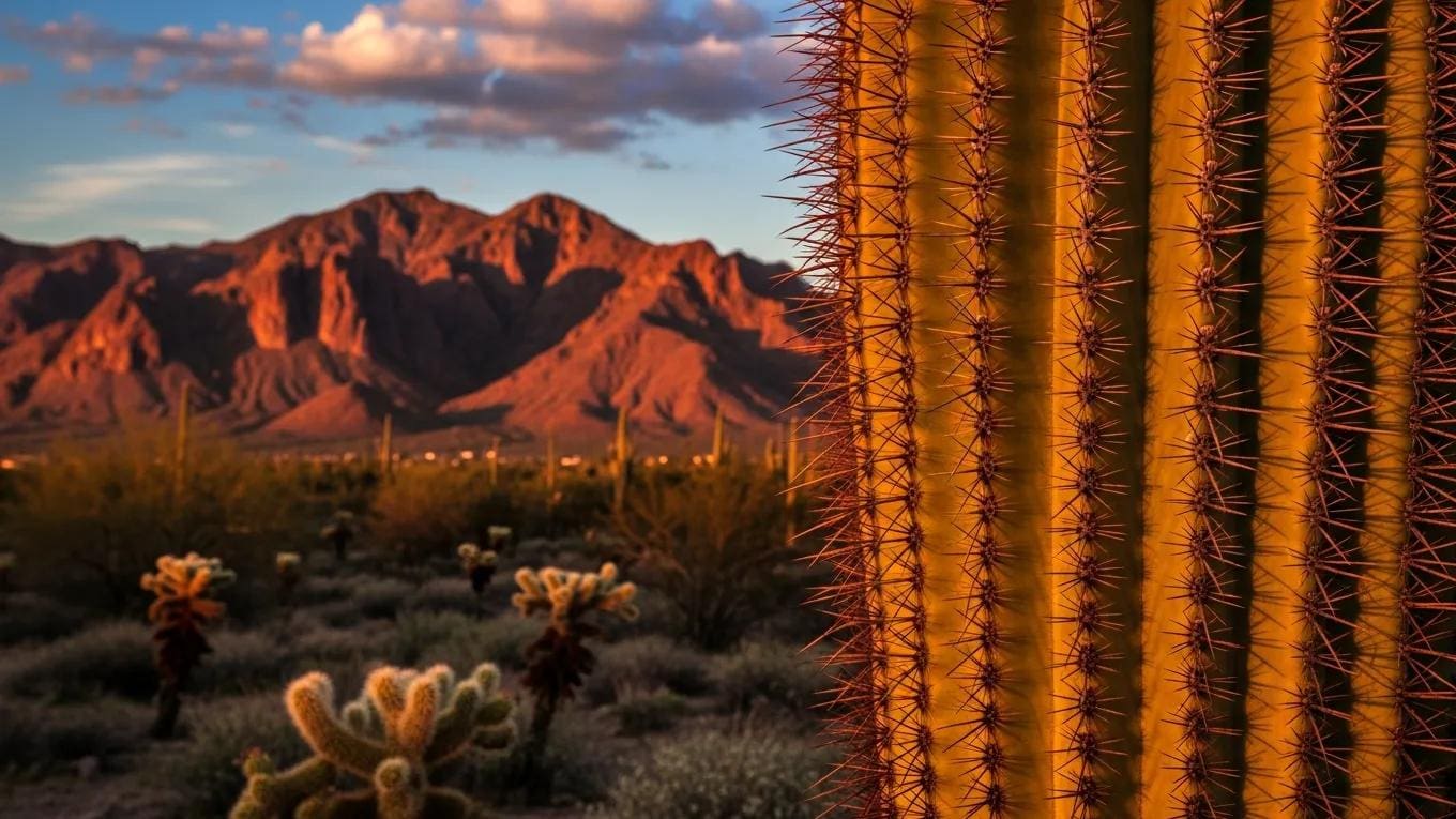 Close-up of Saguaro cactus with McDowell Mountains at sunset
