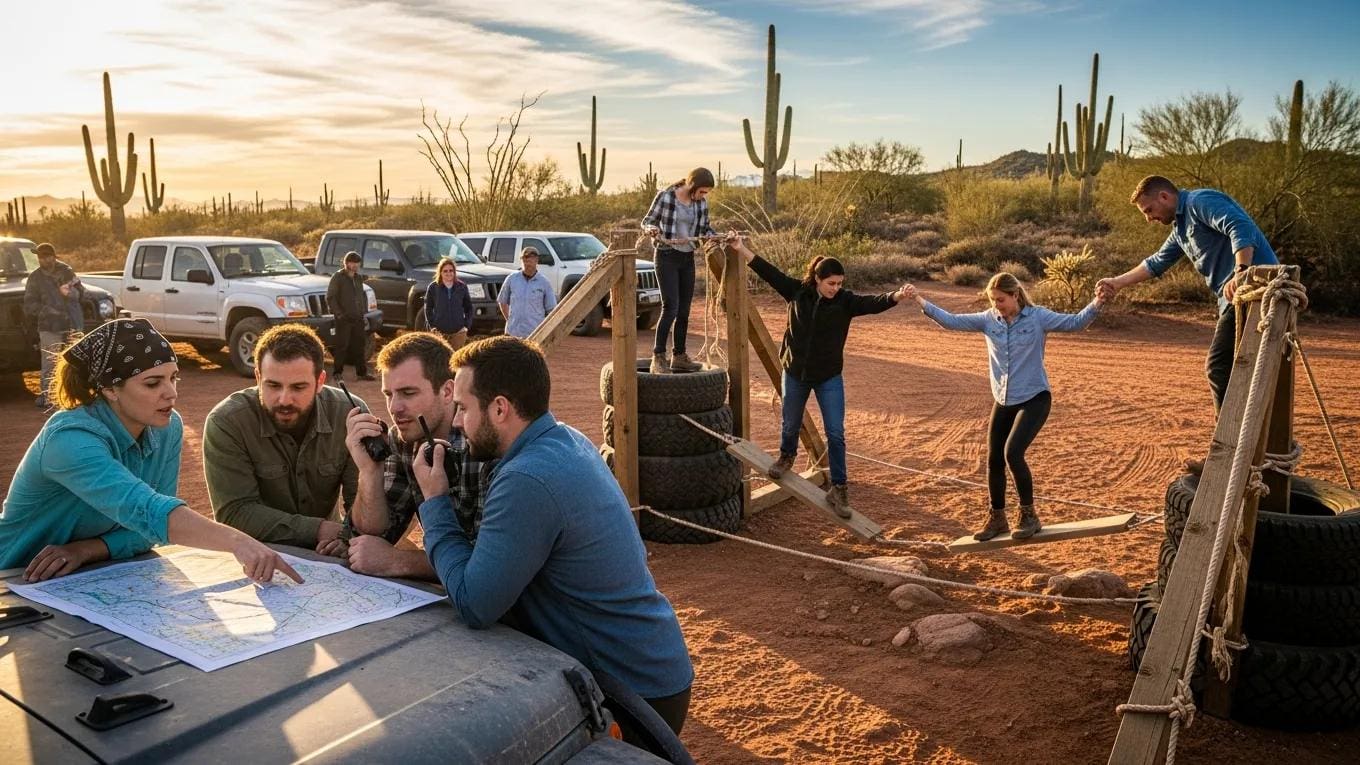 Colleagues collaborating during off-road team-building in Arizona