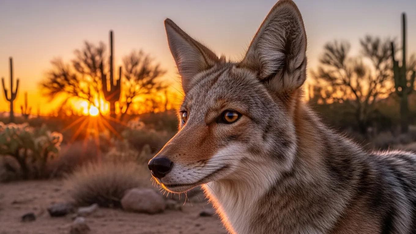 Coyote in the Scottsdale desert at sunset, highlighting wildlife activity