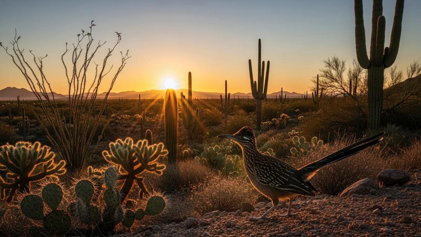 Early morning in the Sonoran Desert with a roadrunner silhouette and sunrise over the mountains