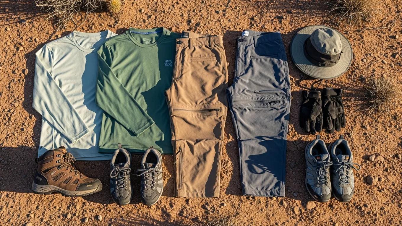 Essential clothing items for an ATV tour in the Arizona desert including long-sleeved shirts and breathable pants