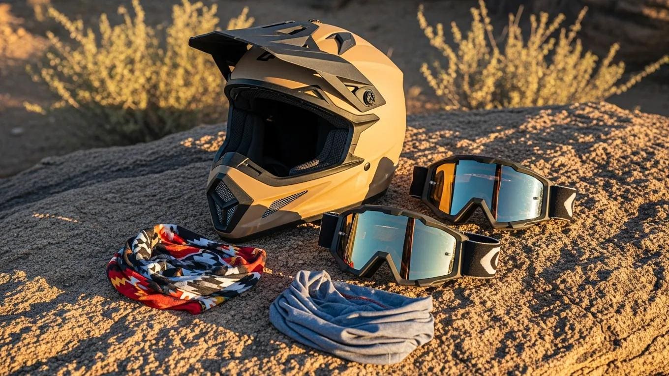 Essential protective gear for ATV riding in the Arizona desert including helmets and goggles