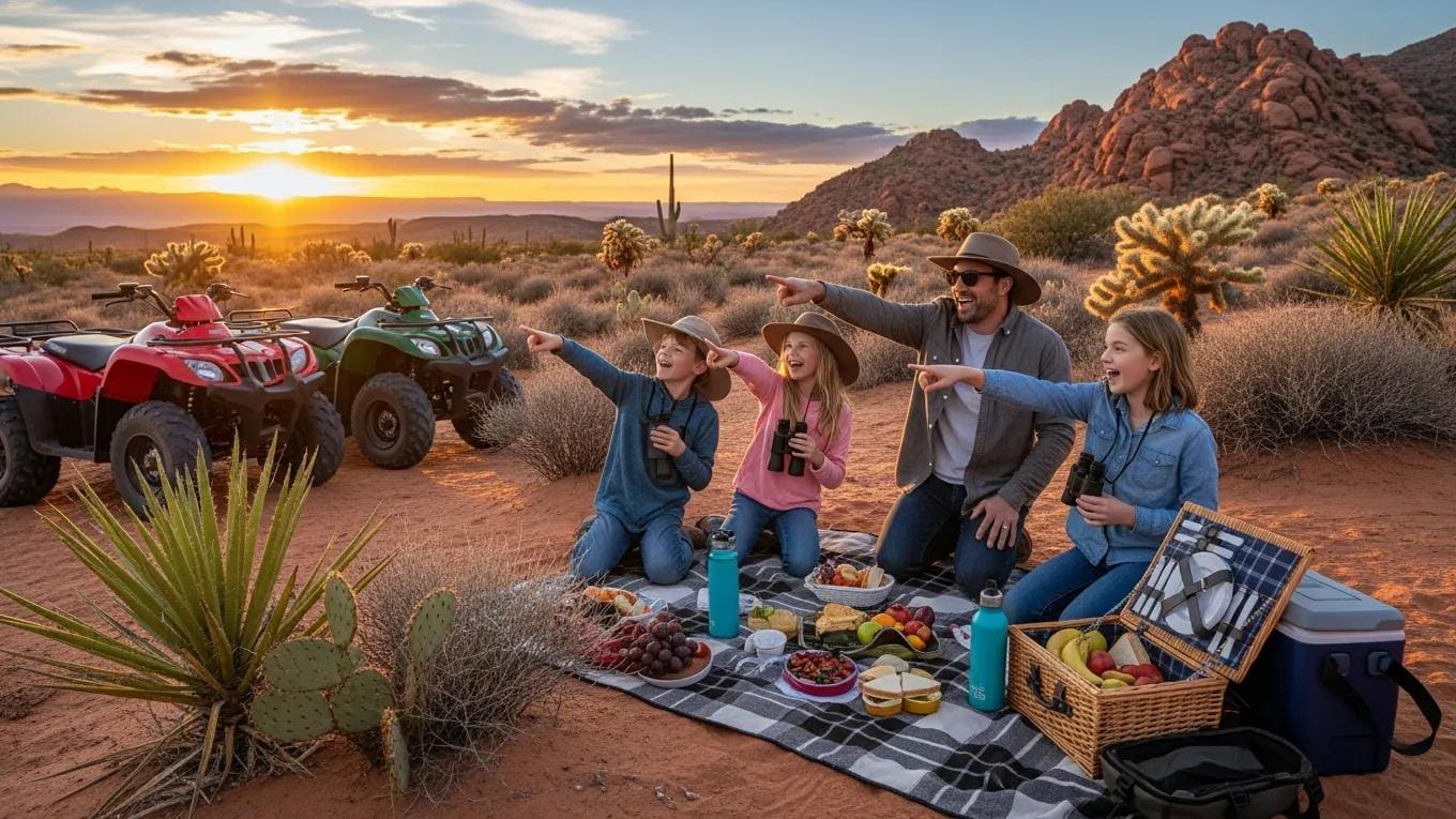 Family enjoying a picnic during ATV tour in the desert, highlighting family-oriented activities