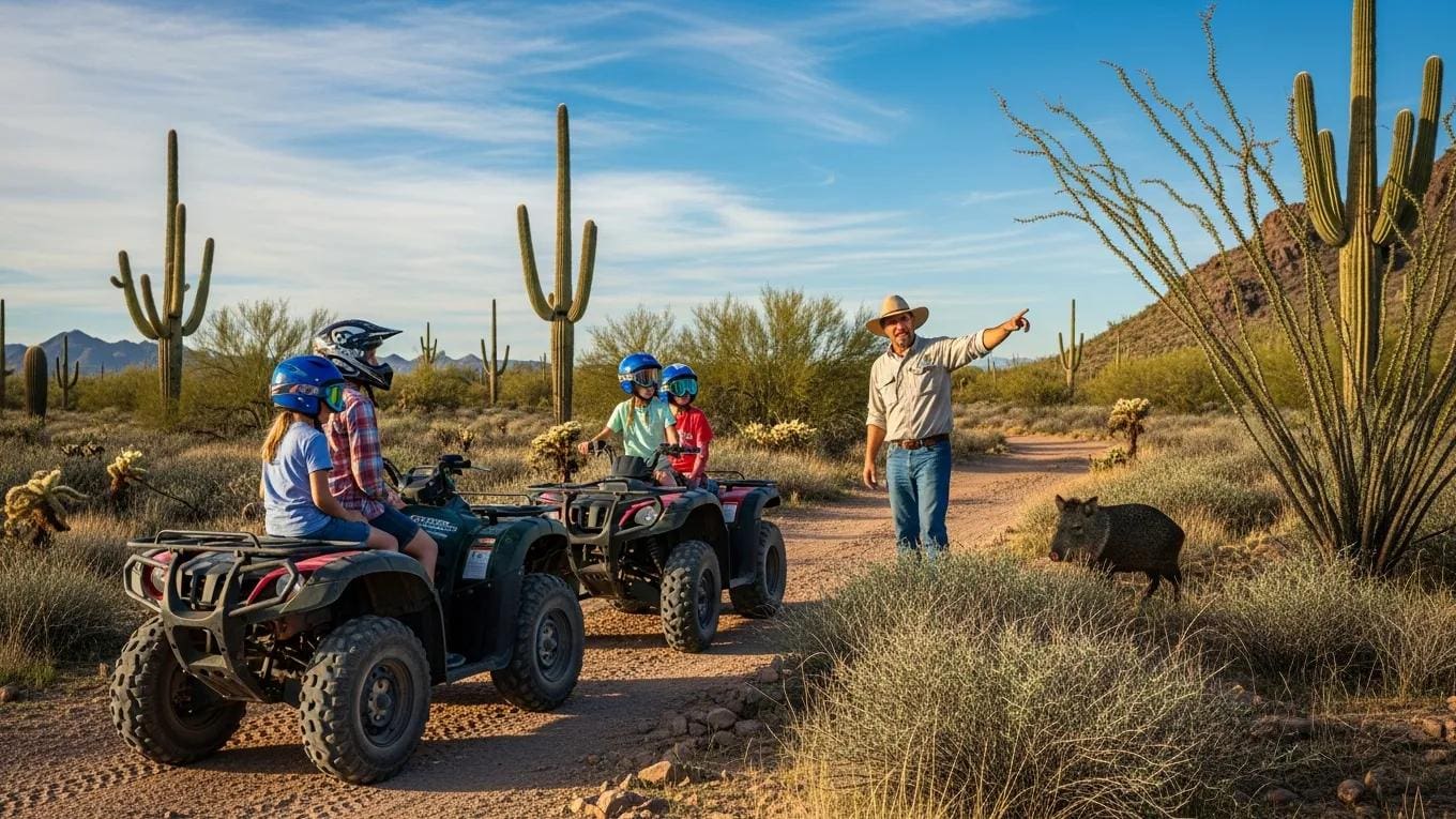 Family on an ATV tour in the Sonoran Desert, learning about wildlife conservation with a javelina in the background