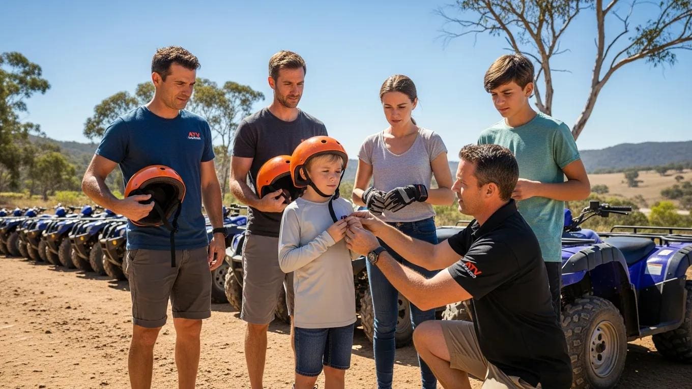 Family receiving safety instructions for ATV tour, highlighting safety measures