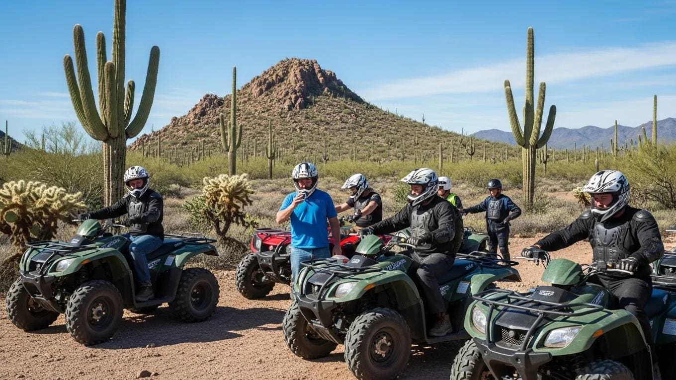 Group of adventurers in ATV gear preparing for a tour in the Arizona desert
