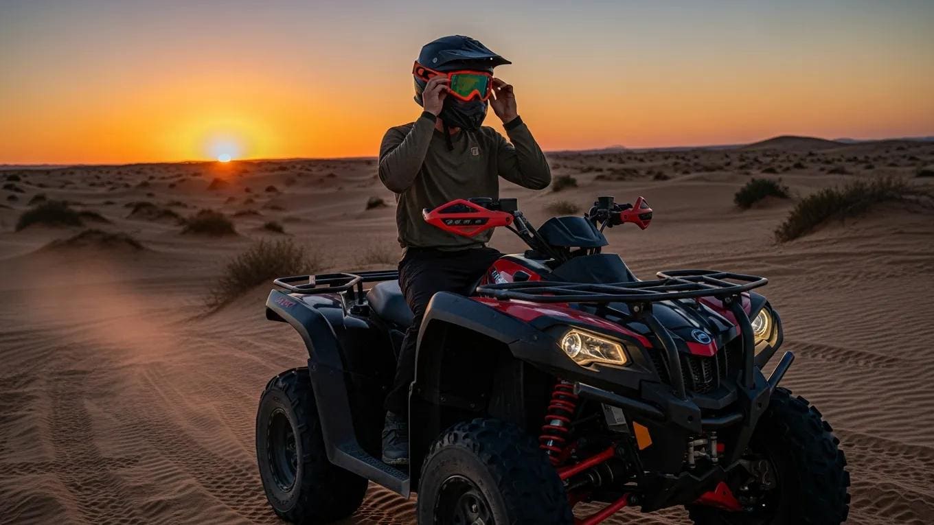 Rider in safety gear preparing for nighttime ATV ride in the desert