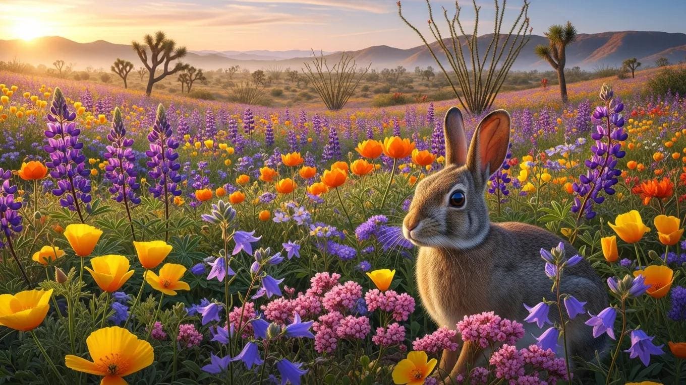 Wildflowers and a desert cottontail rabbit in the Scottsdale desert